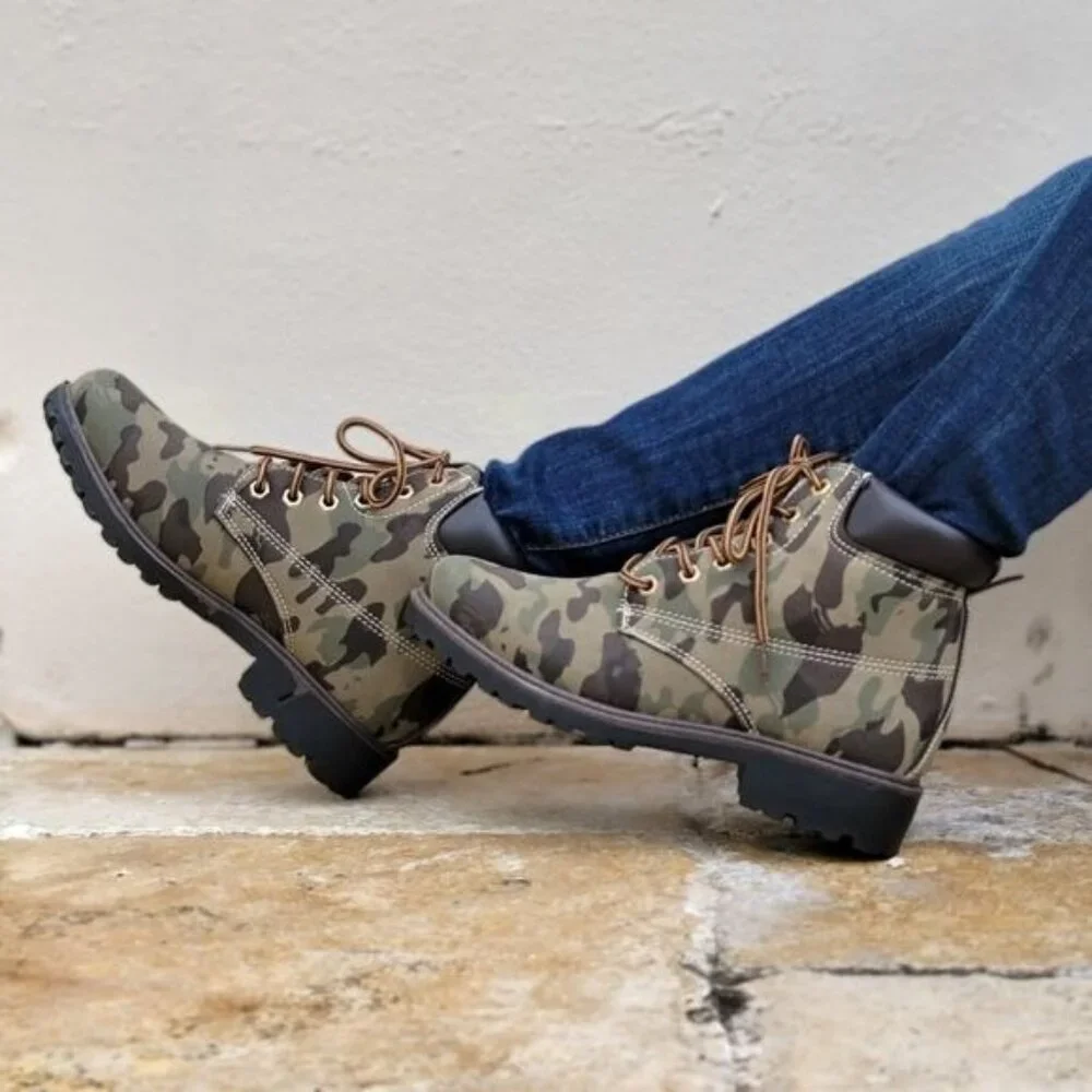 Women's Camouflage Combat Lace-up Ankle Boots Low Heel - Picture 2 of 5